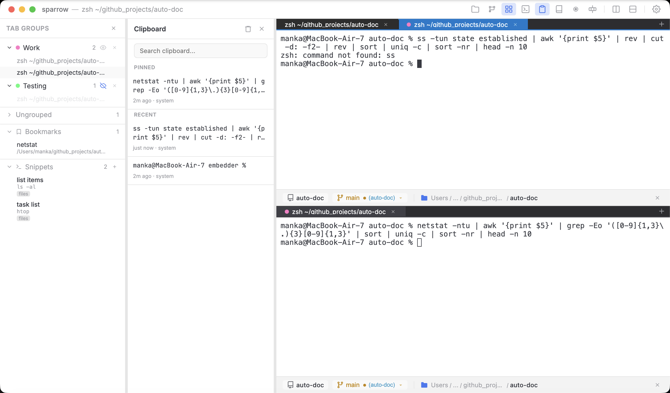 Tab groups, clipboard history, and command snippets